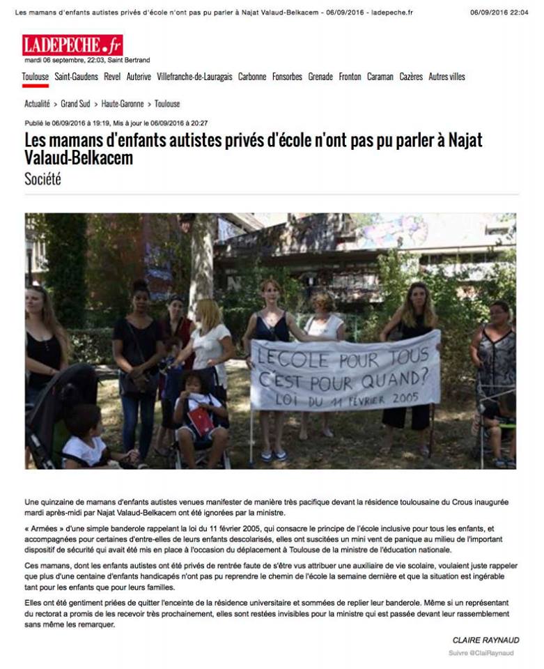 Dépèche du Midi, première version de l'article sur la manifestation des mamans d'autistes à Toulouse